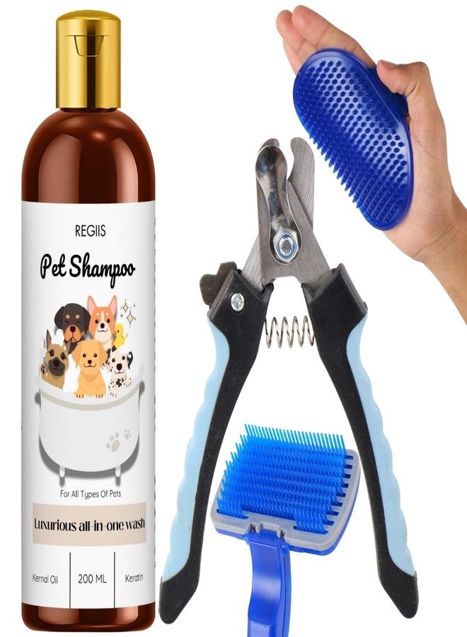 REGIIS Pet Grooming Kit, 200 ML Dog Shampoo with Kernal Oil and Keratin, Blue Silicone Brush, Nail Clipper, All-in-One Pet Bathing and Grooming Set(4 Pack) - Image 1